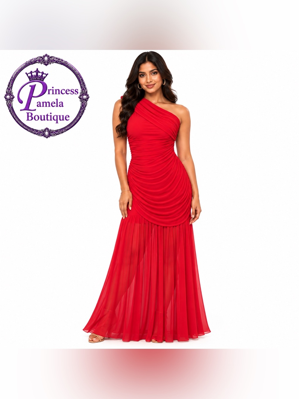 #273 - H10 Red Ruched Mesh One Shoulder Maxi Dress-Medium, 8-10 NWOT